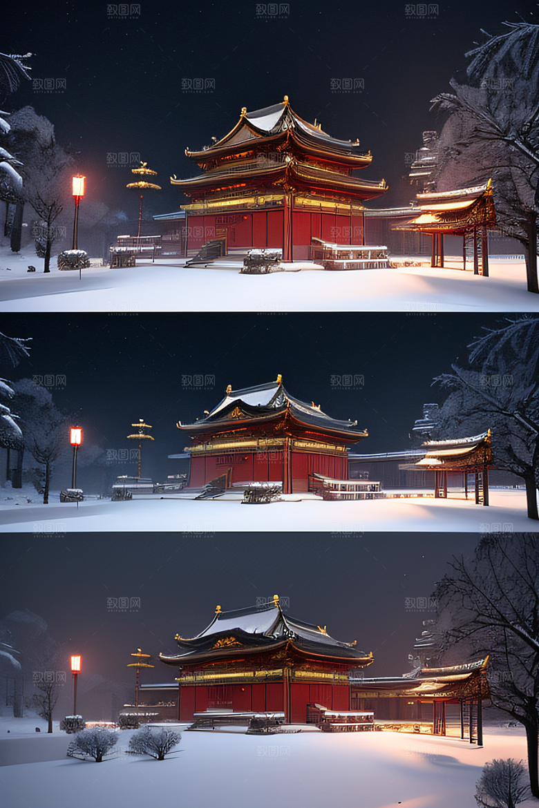 梦幻雪景夜晚金殿3D