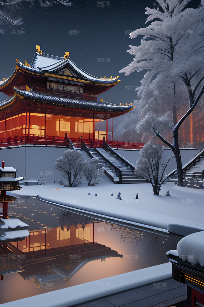 梦幻雪景夜晚金殿3D