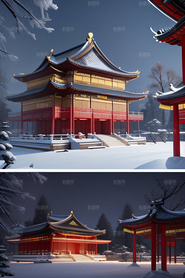梦幻雪景夜晚金殿3D