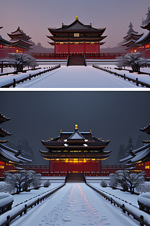 梦幻雪景夜晚金殿3D