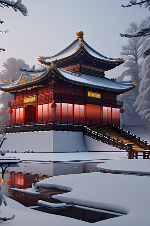 梦幻雪景夜晚金殿3D