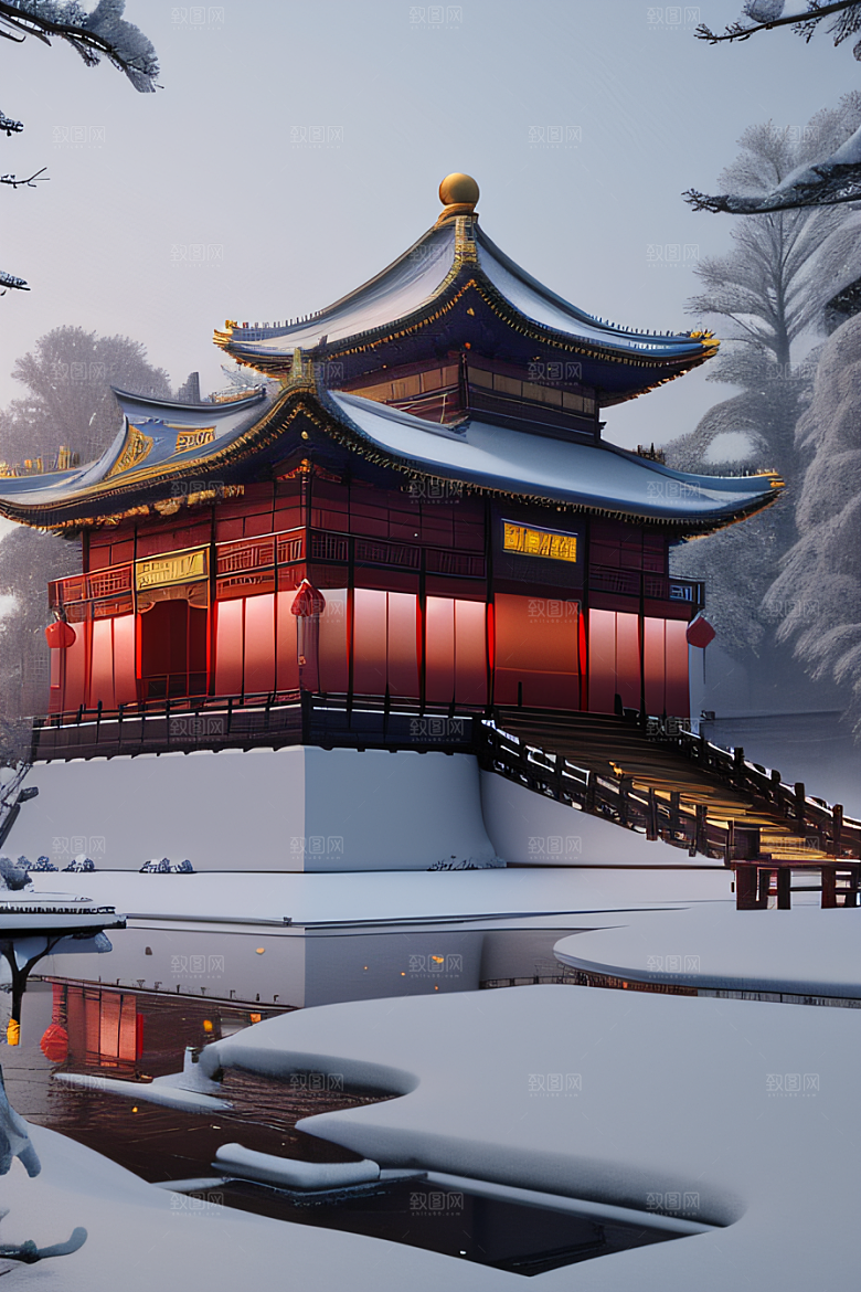 梦幻雪景夜晚金殿3D