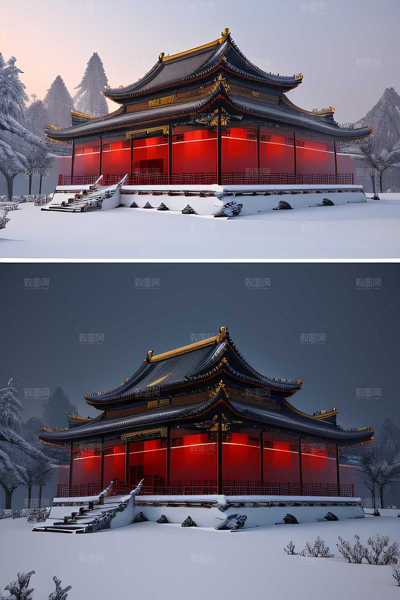 梦幻雪景夜晚金殿3D