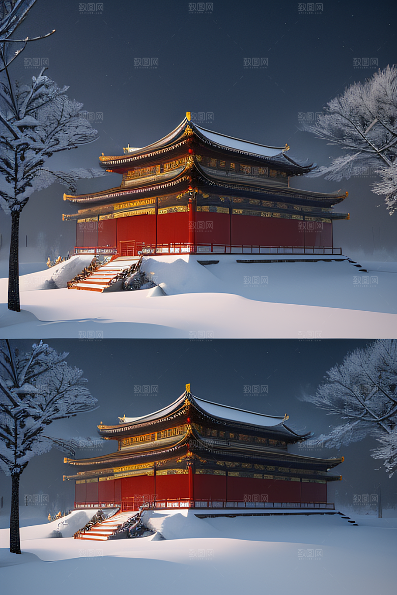 梦幻雪景夜晚金殿3D