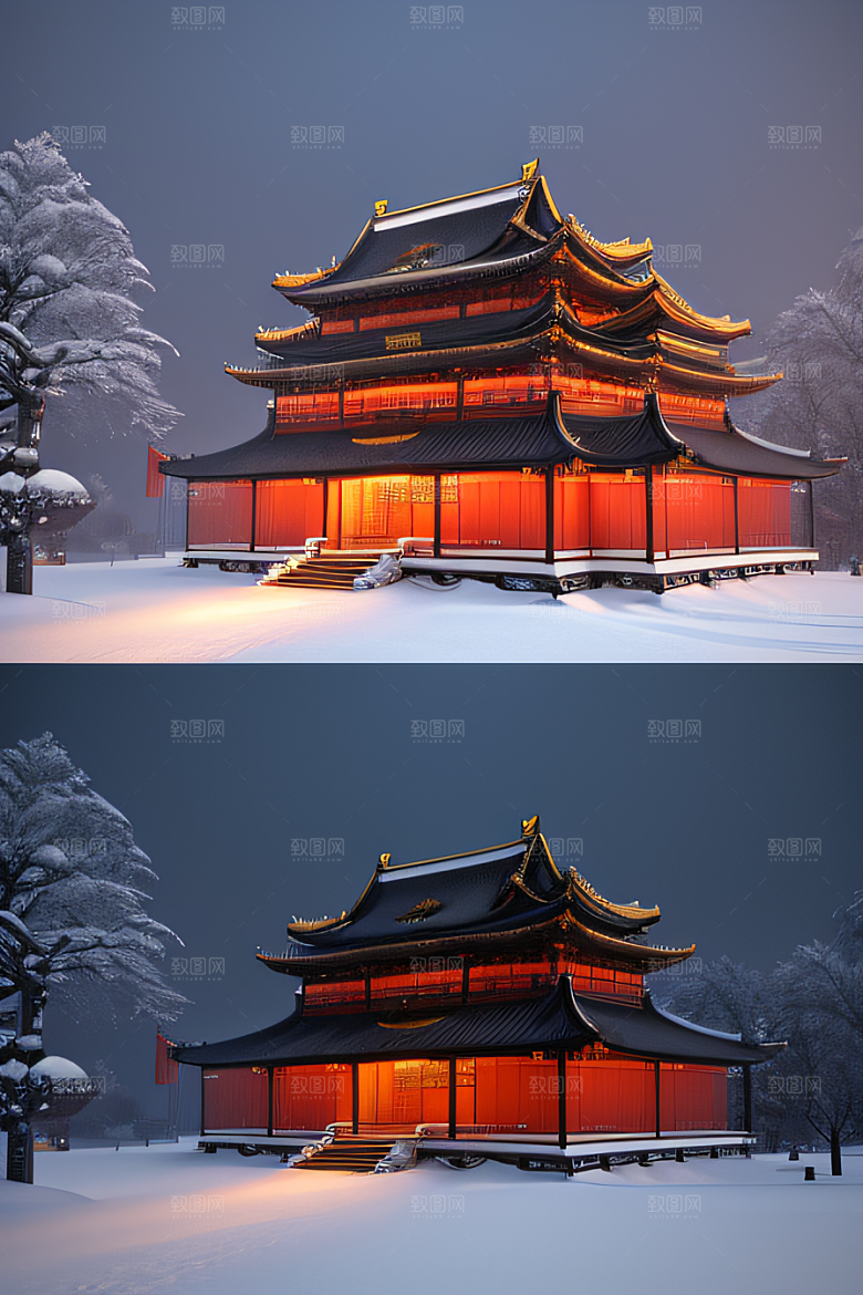 雪夜中式宫殿金殿梦幻8K