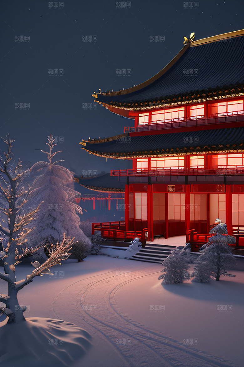 雪夜中式宫殿金殿梦幻8K