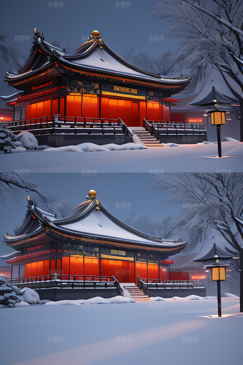 雪夜中式宫殿金殿梦幻8K