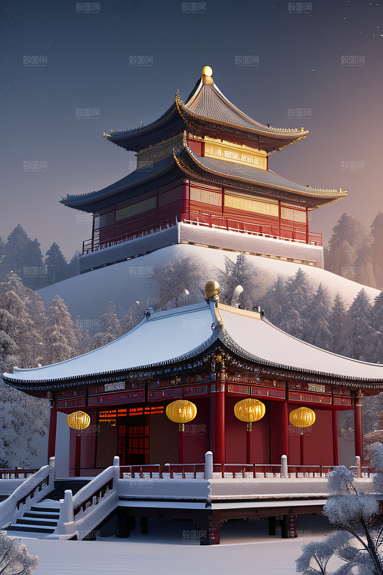 雪夜中式宫殿金殿梦幻8K