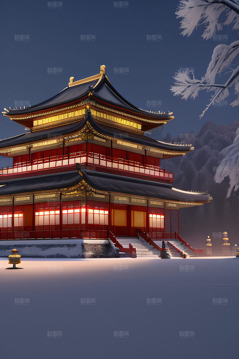 雪夜中式宫殿金殿梦幻8K