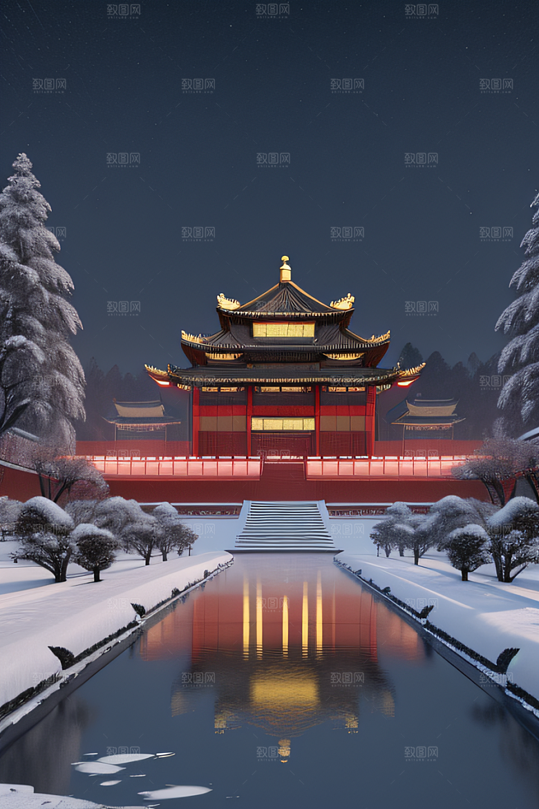 雪夜中式宫殿金殿梦幻8K