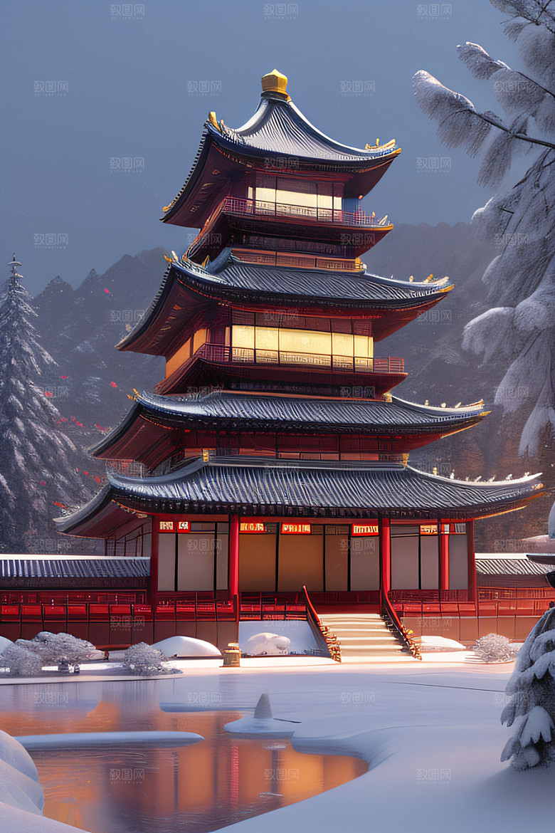 雪夜中式宫殿金殿梦幻8K