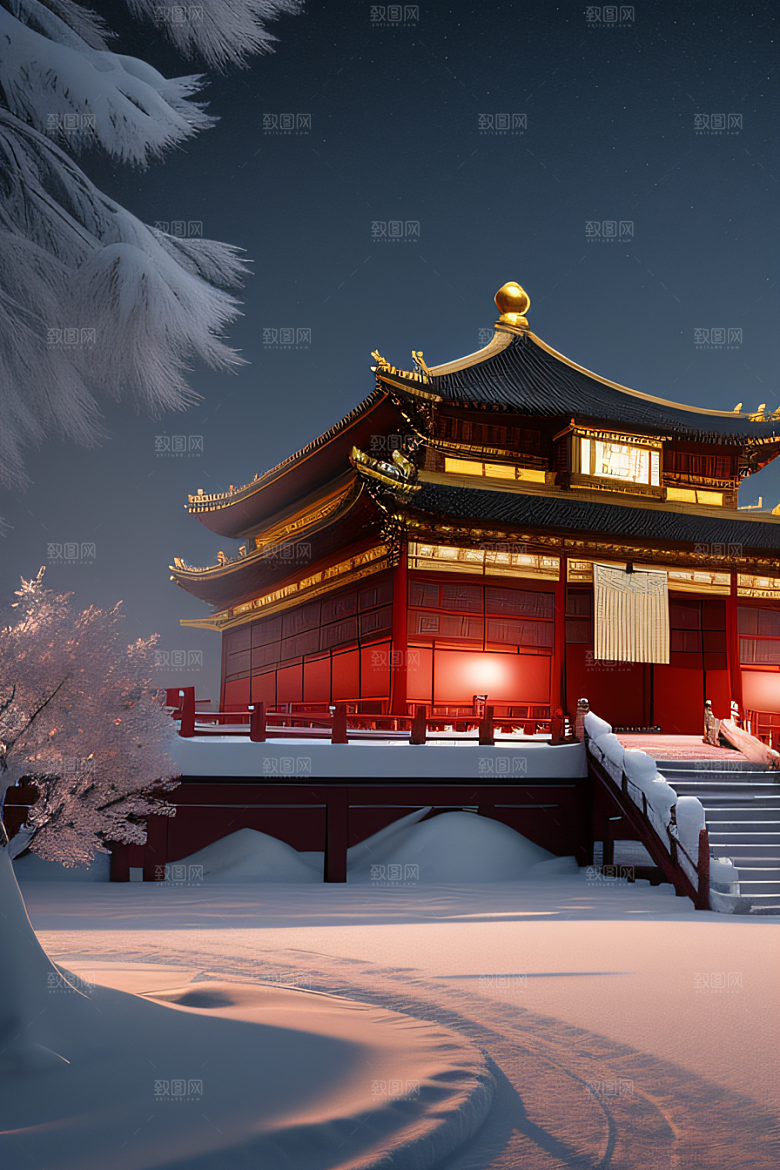 雪夜中式宫殿金殿梦幻8K