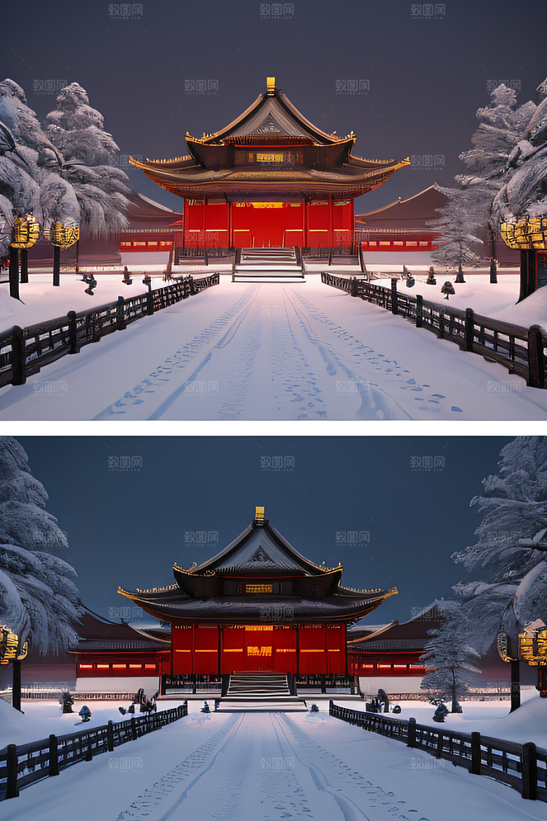 雪夜中式宫殿金殿梦幻8K