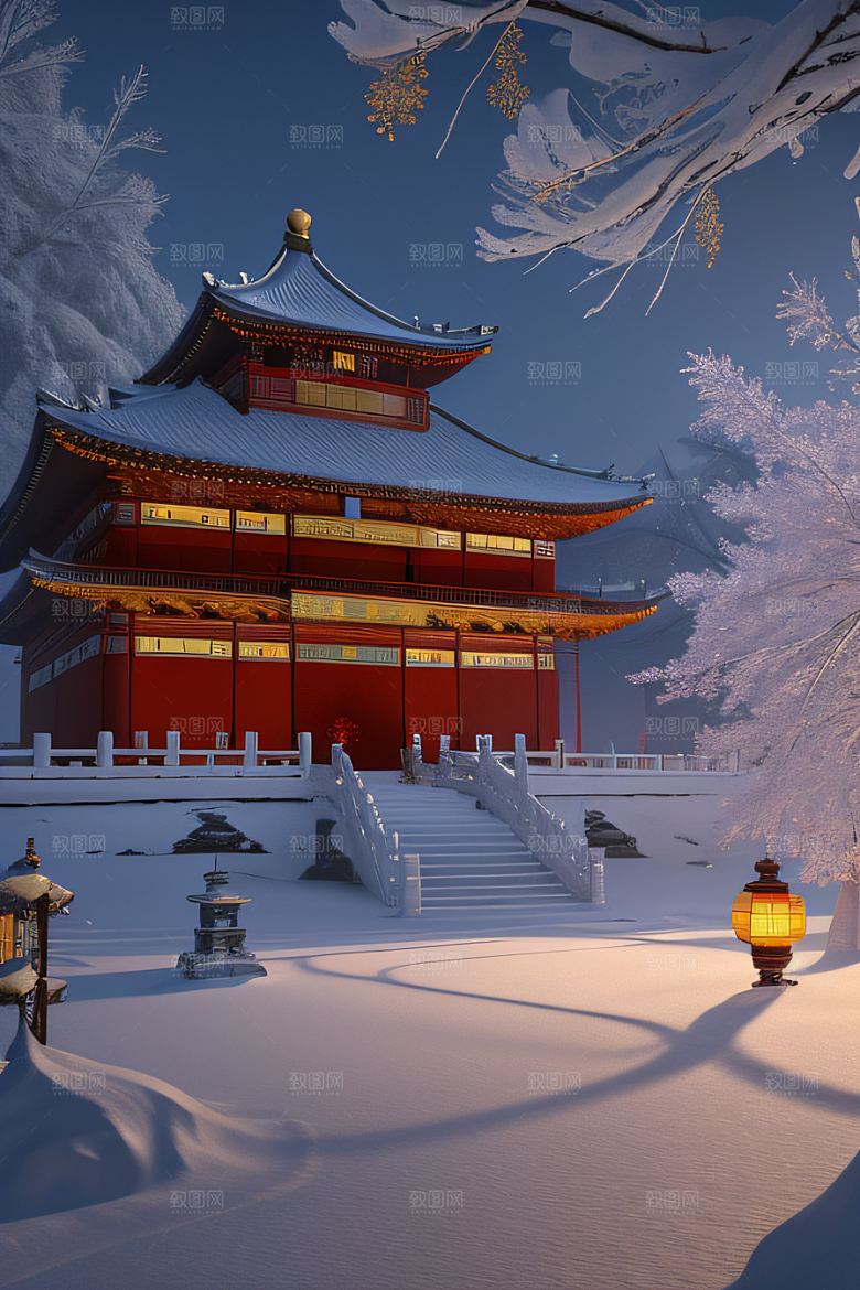 雪夜中式宫殿金殿梦幻8K