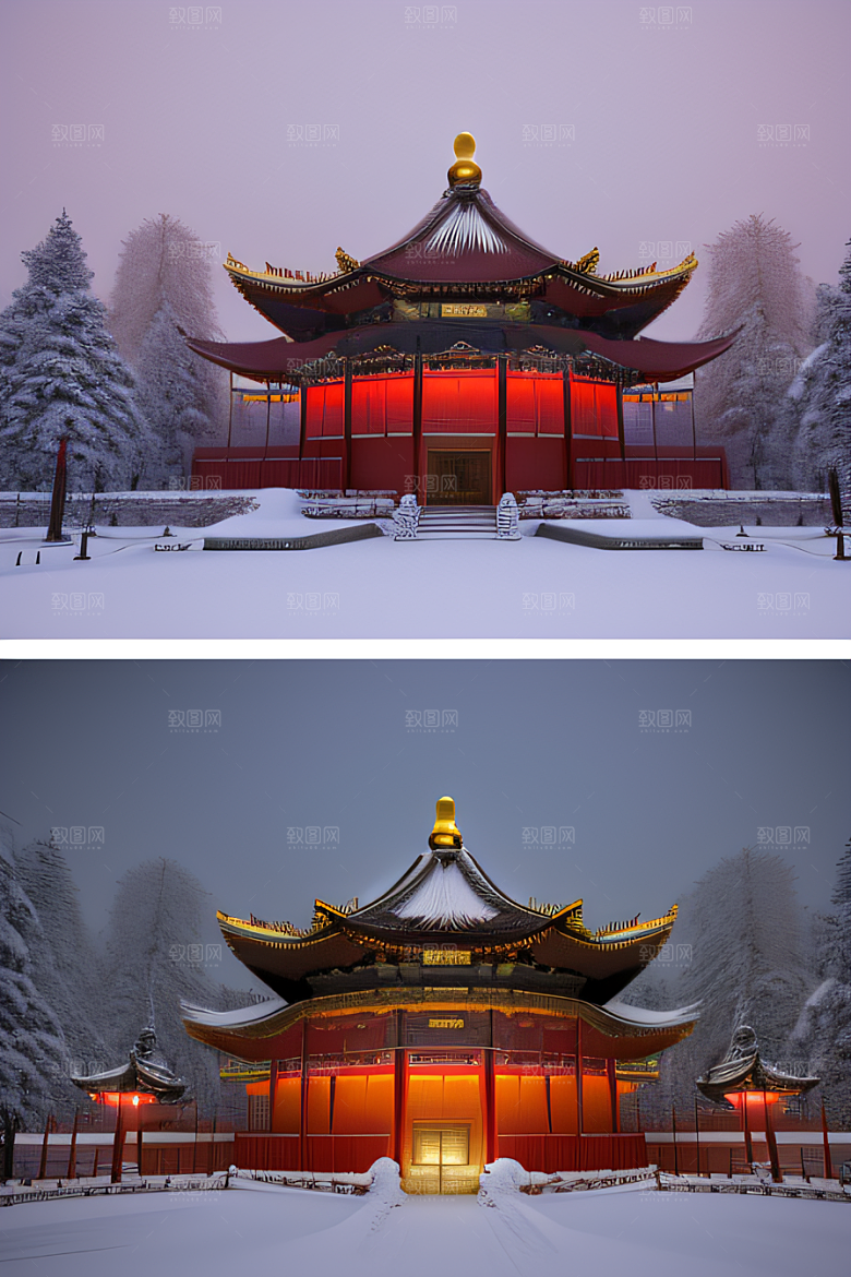 夜晚雪景下的金殿梦幻3D