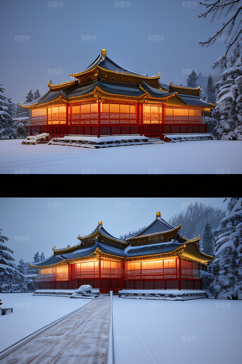 夜晚雪景下的金殿梦幻3D