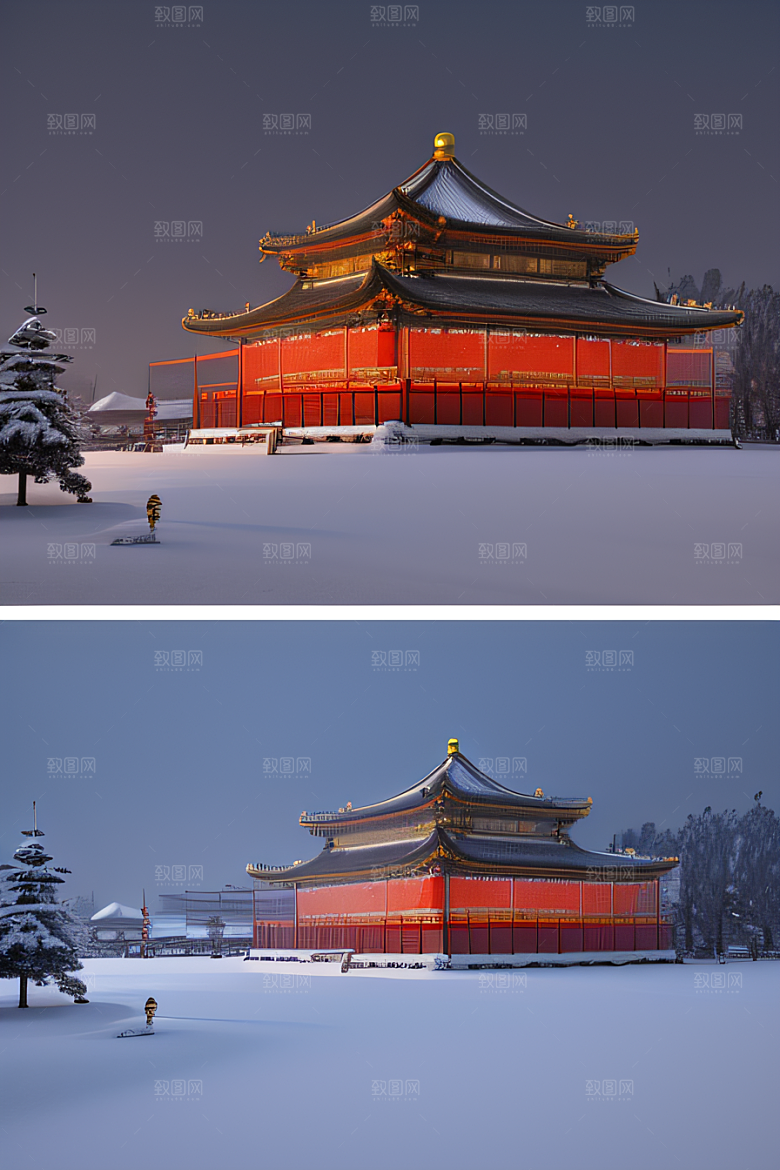 夜晚雪景下的金殿梦幻3D