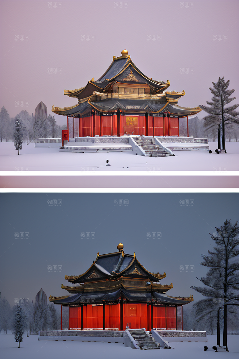 夜晚雪景下的金殿梦幻3D