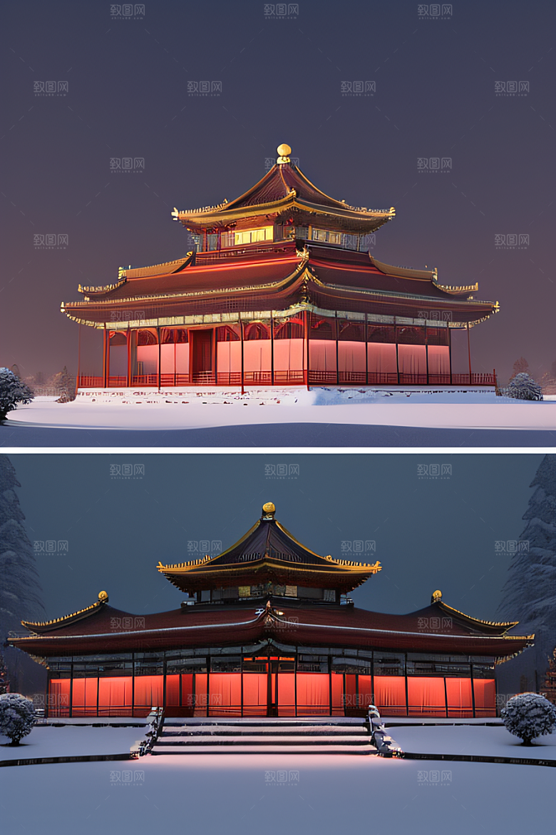 夜晚雪景下的金殿梦幻3D