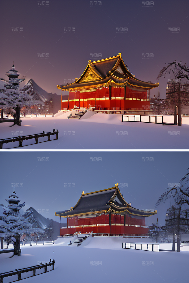 夜晚雪景下的金殿梦幻3D