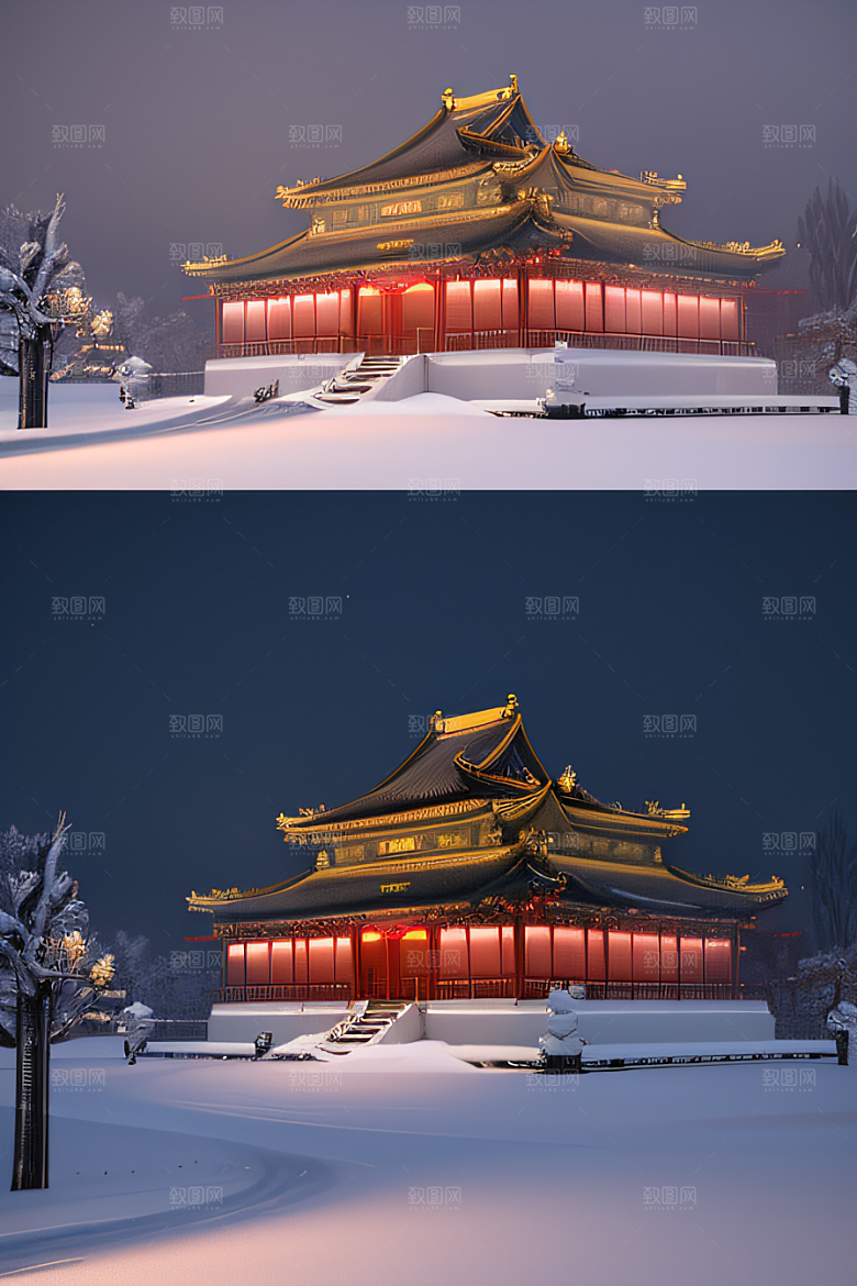 夜晚雪景下的金殿梦幻3D