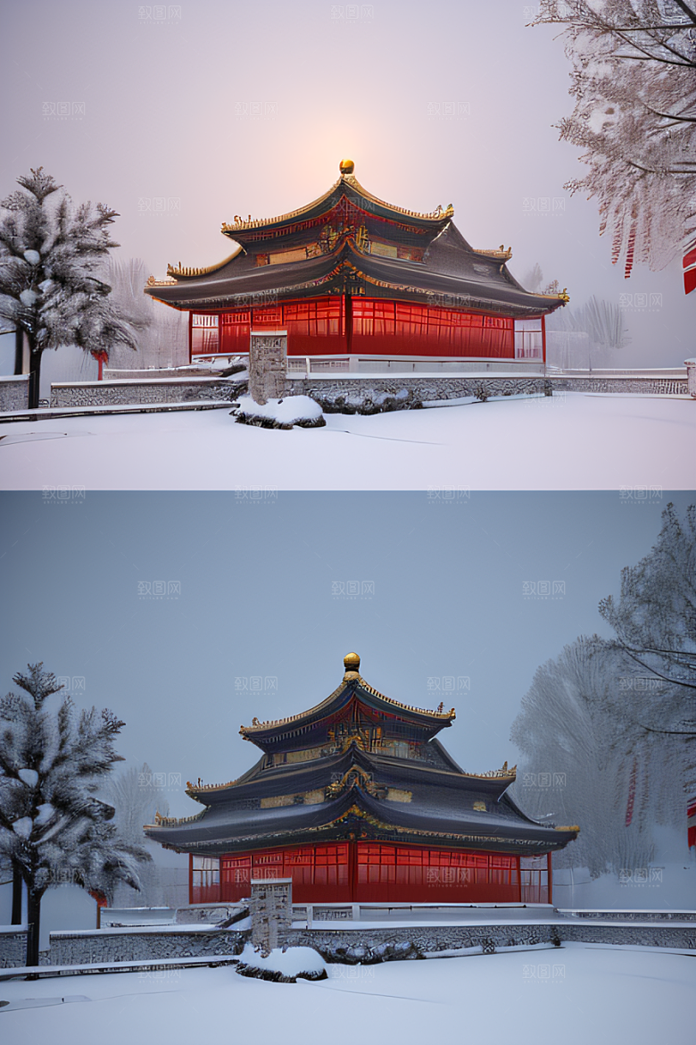 夜晚雪景下的金殿梦幻3D