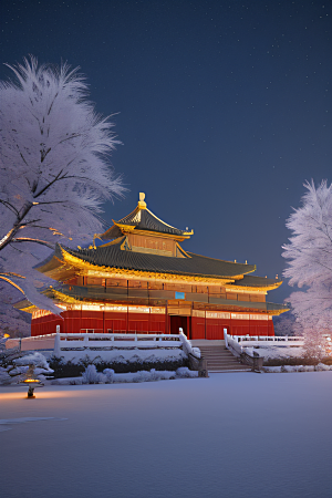 夜晚雪景下的金殿梦幻3D