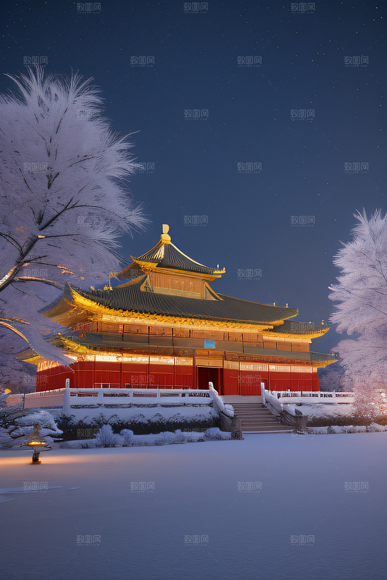 夜晚雪景下的金殿梦幻3D