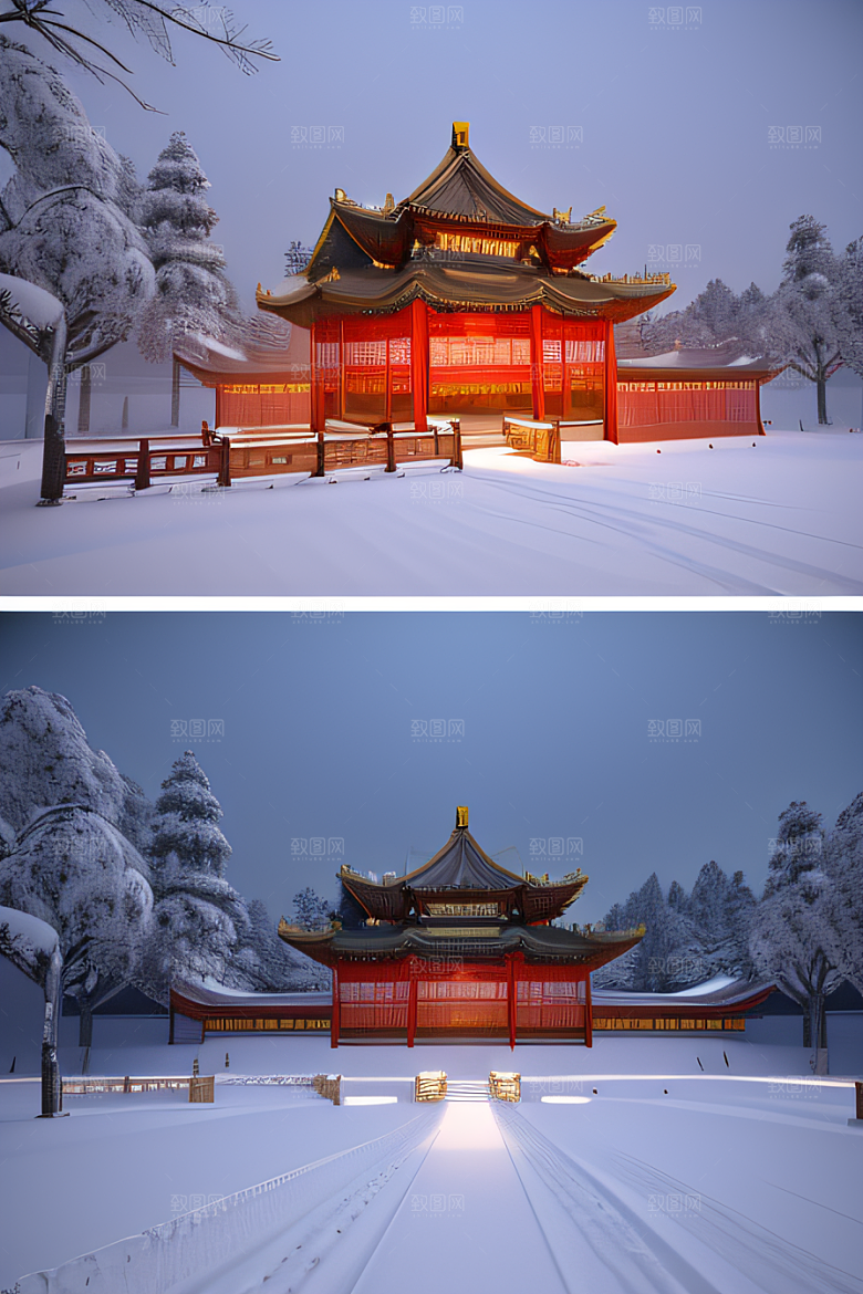 夜晚雪景下的金殿梦幻3D