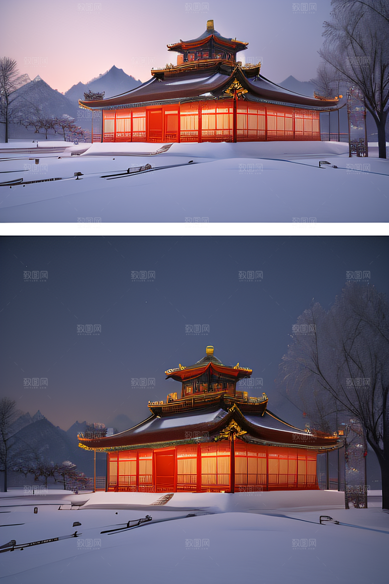 夜晚雪景下的金殿梦幻3D