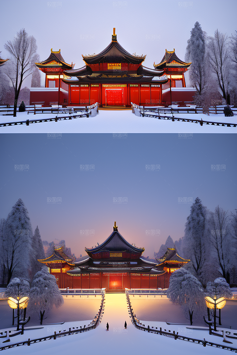 夜晚雪景下的金殿梦幻3D