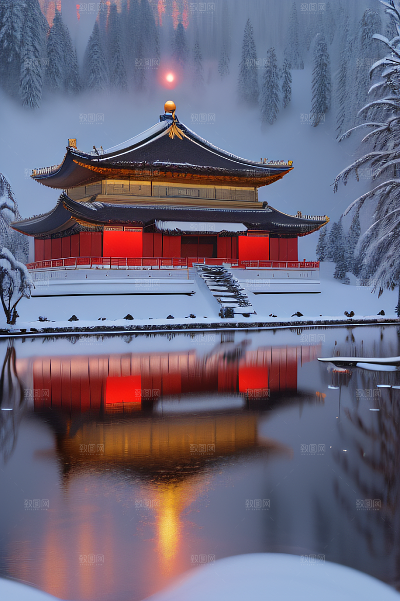 夜晚雪景下的金殿梦幻3D