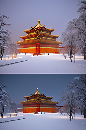 夜晚雪景下的金殿梦幻3D