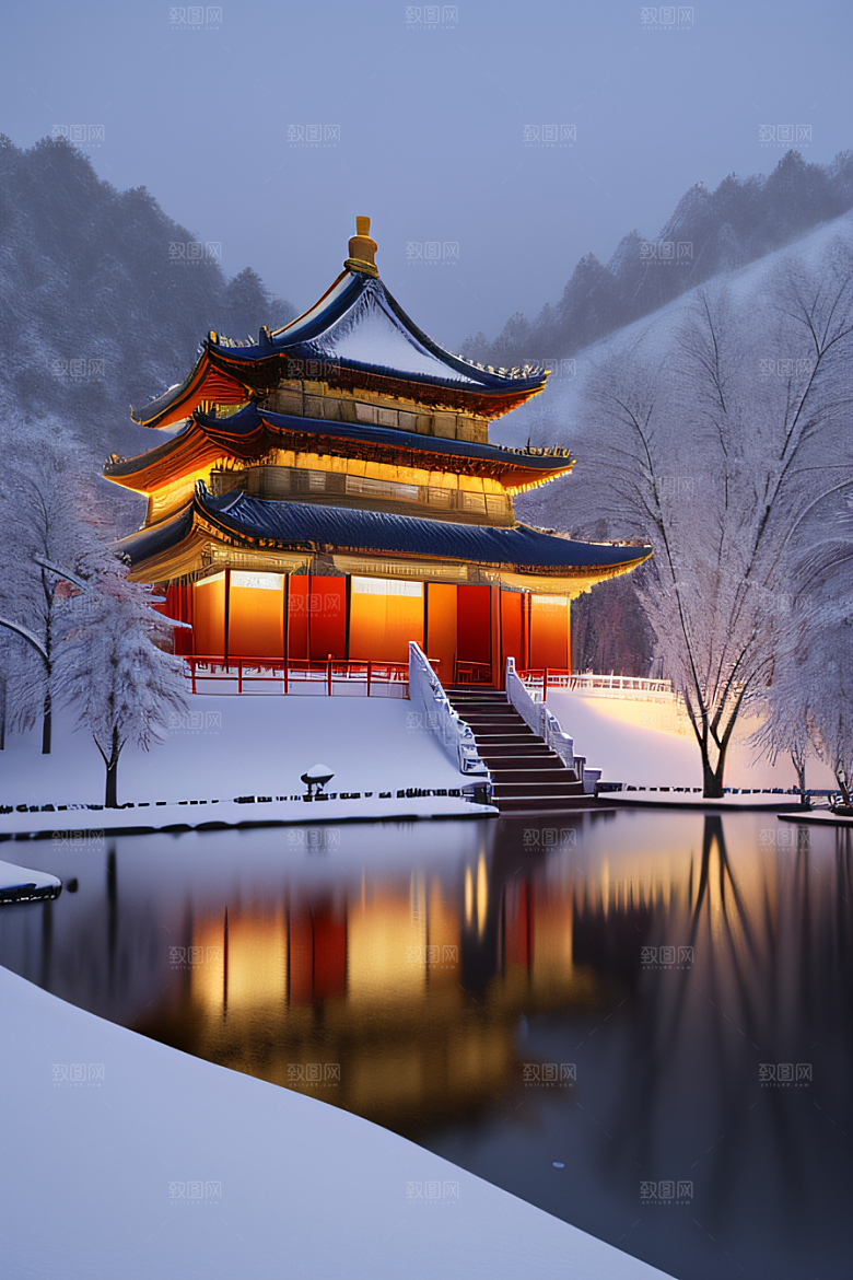 夜晚雪景下的金殿梦幻3D