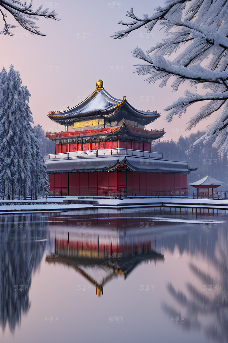 夜晚金色中国宫殿雪域梦幻