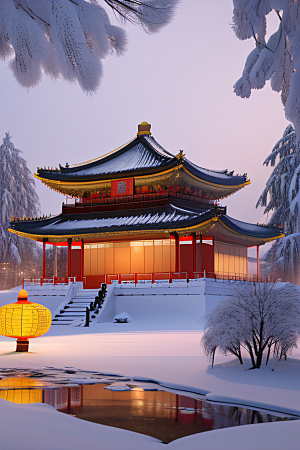 夜晚金色中国宫殿雪域梦幻