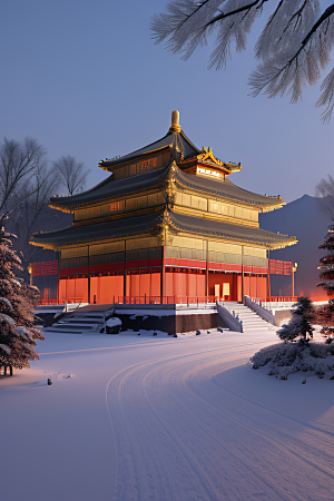 夜晚金色中国宫殿雪域梦幻