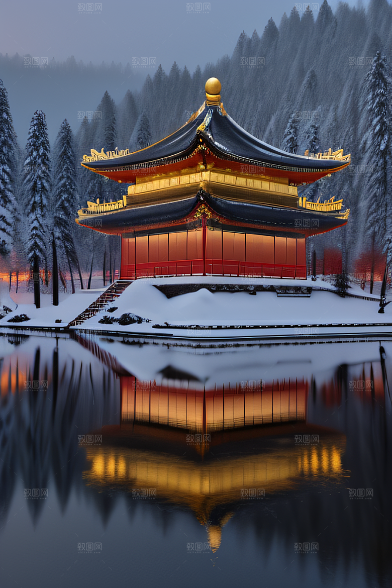 夜晚金色中国宫殿雪域梦幻
