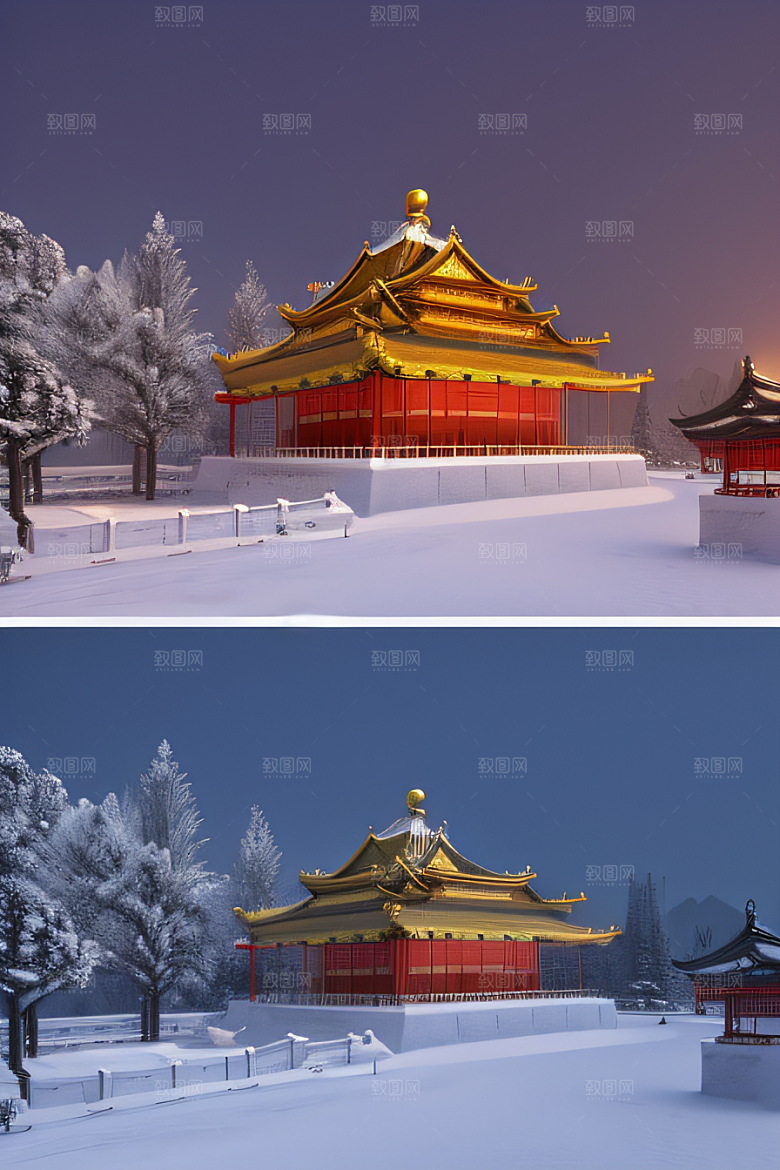 夜晚金色中国宫殿雪域梦幻