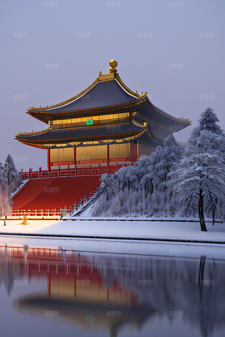 夜晚金色中国宫殿雪域梦幻