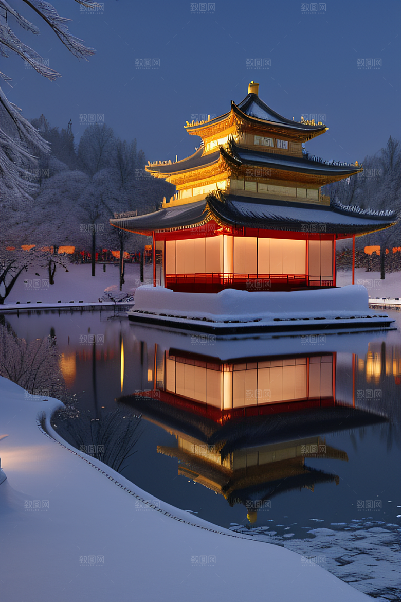 夜晚金色中国宫殿雪域梦幻