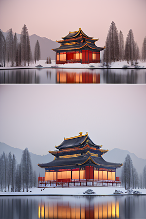 夜晚金色中国宫殿雪域梦幻