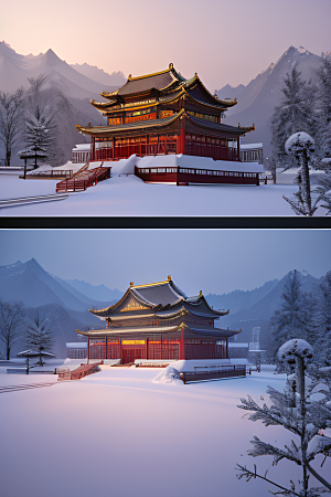 夜晚金色中国宫殿雪域梦幻