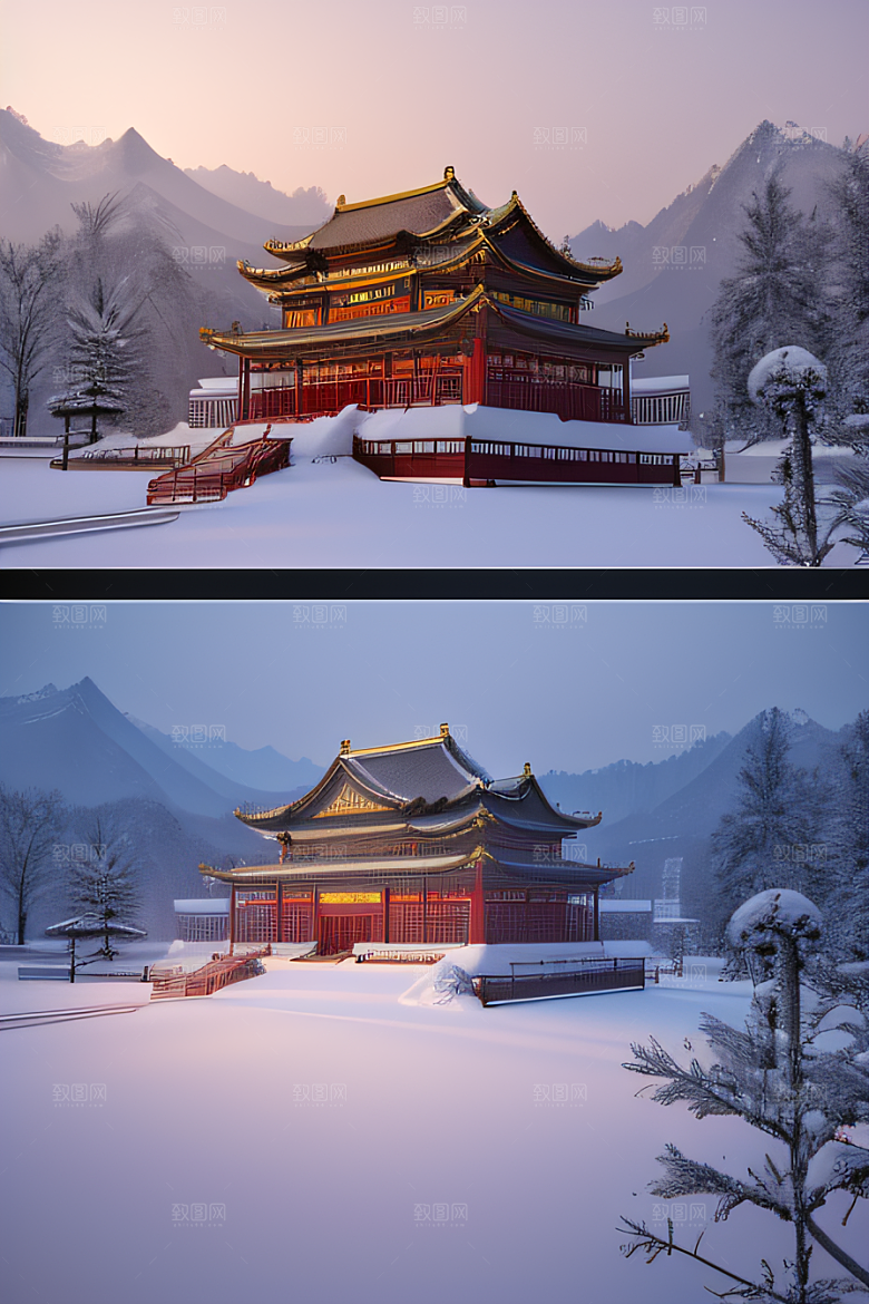 夜晚金色中国宫殿雪域梦幻