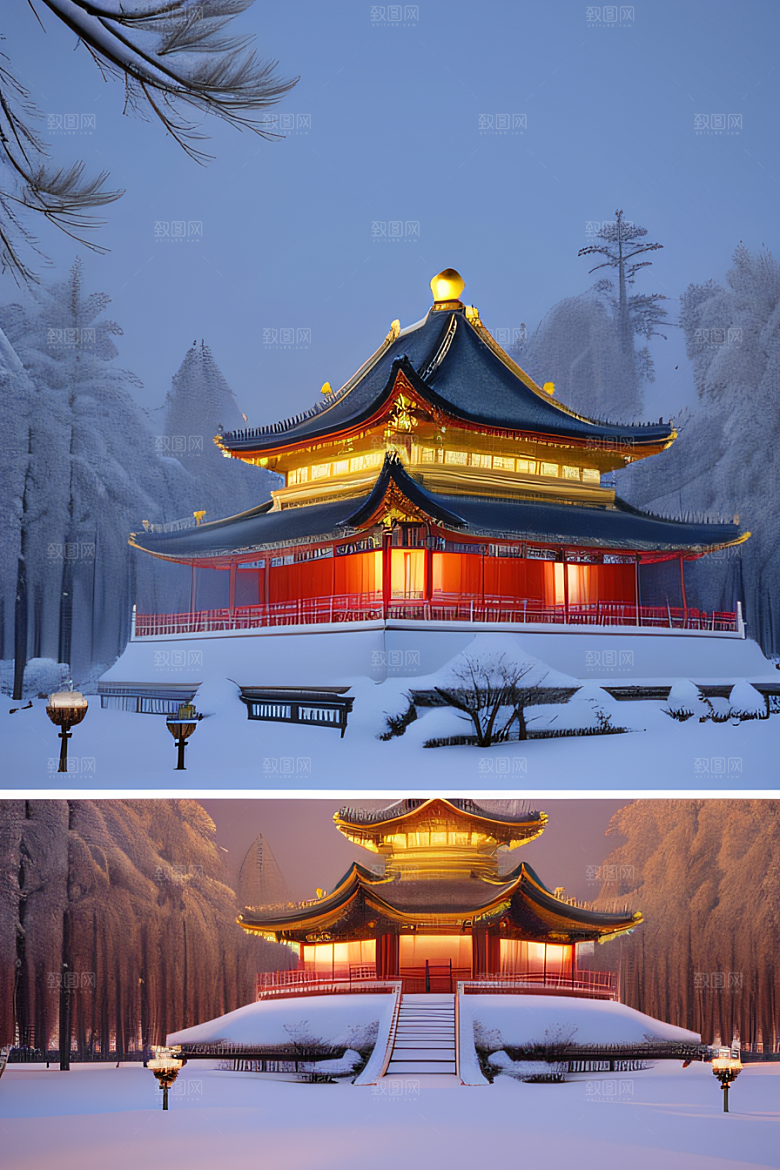 夜晚金色中国宫殿雪域梦幻