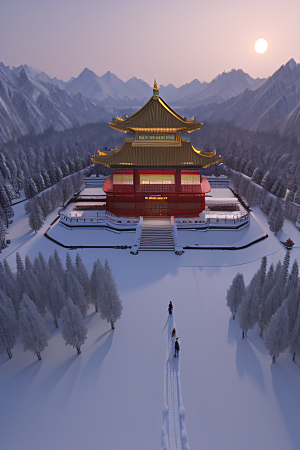 夜晚金色中国宫殿雪域梦幻