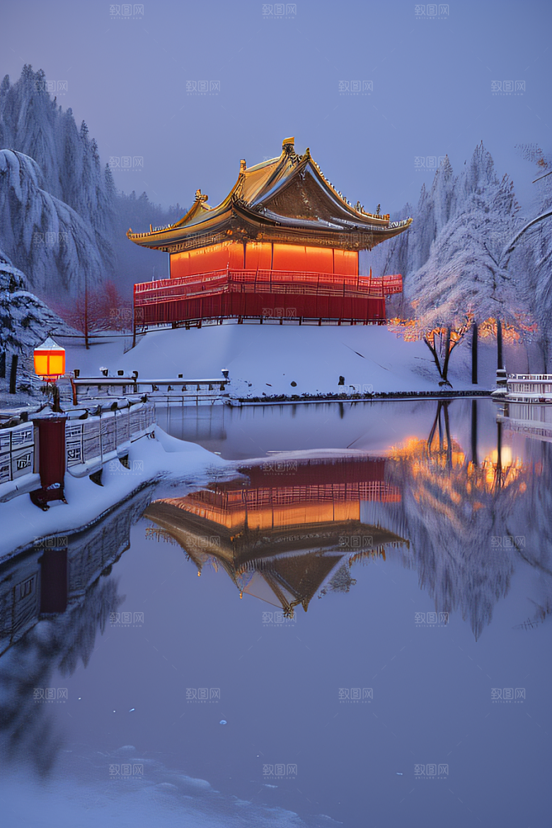 夜晚金色中国宫殿雪域梦幻