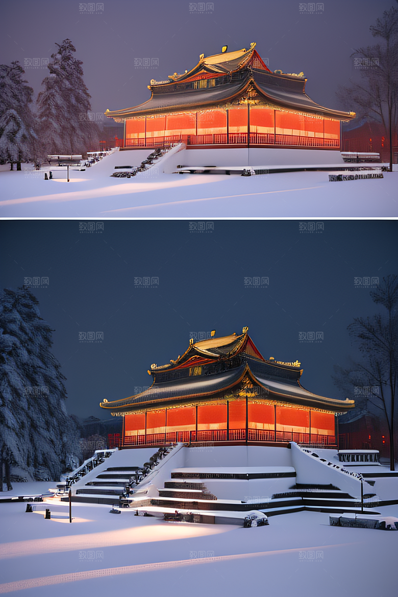 夜晚金色中国宫殿雪域梦幻
