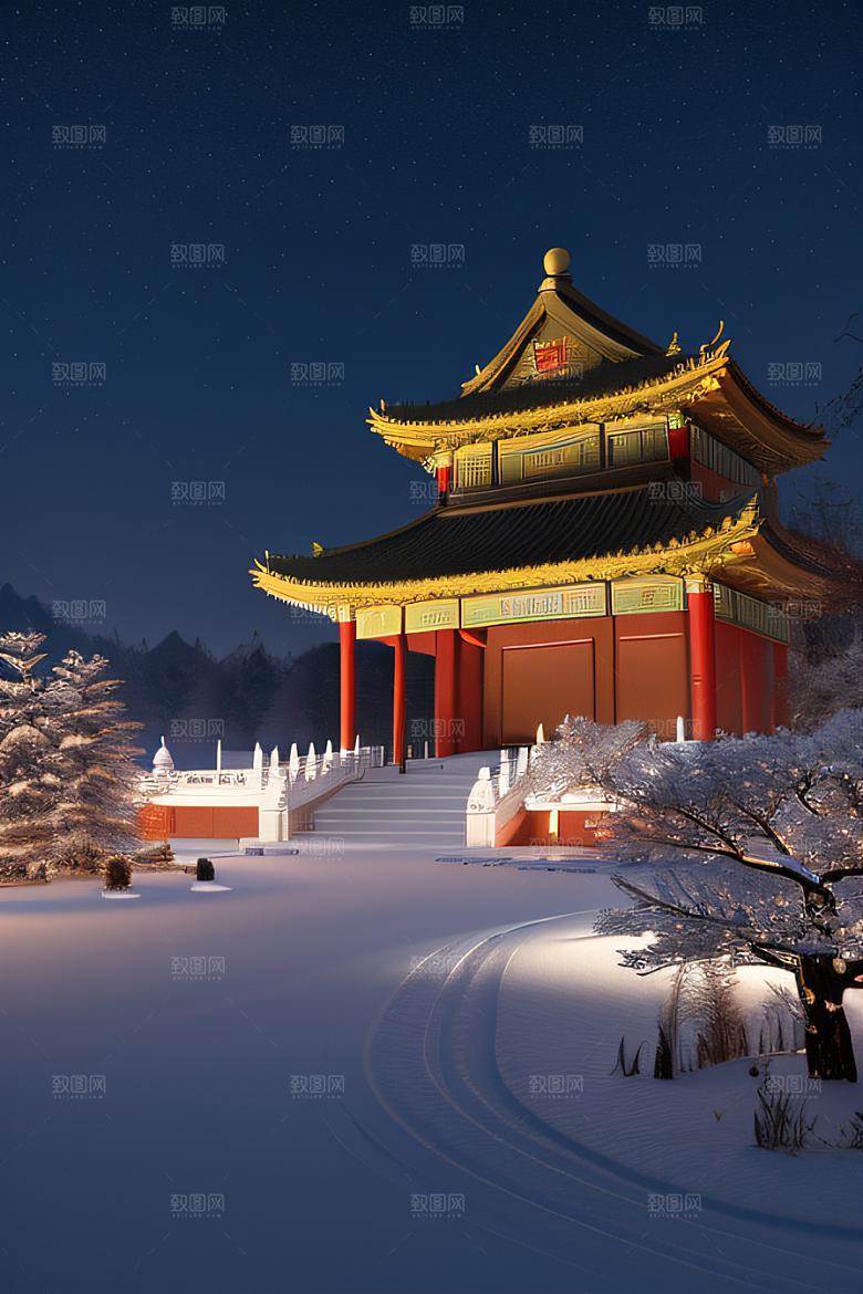 夜晚金色中国宫殿雪域梦幻