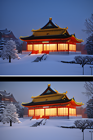 夜晚金色中国宫殿雪域梦幻